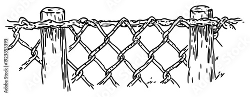 Close up of a wire mesh chain link fence with wooden posts in hand drawn sketch