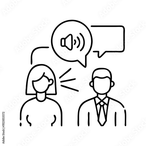 Icon illustrating communication, voice recognition, speech therapy, or business meeting dialog