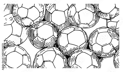 Seamless style pattern of overlapping soccer balls in a hand drawn doodle sketch