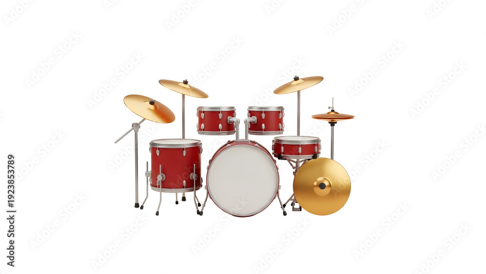 Fototapeta premium 3D Drum set arranged with cymbals and drums on stands in a studio setting from a front viewpoint
