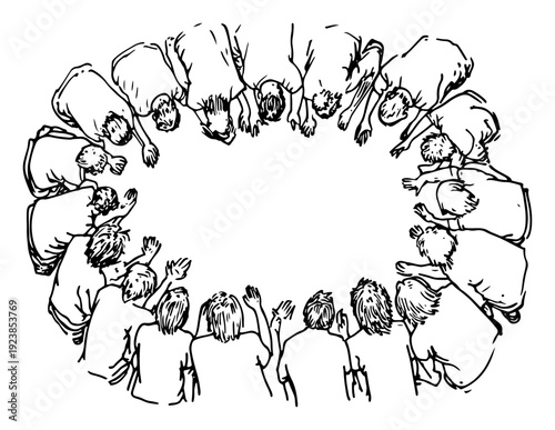 Group of people in a circle reaching inward in a hand drawn huddle