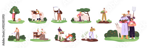 Farmers set. Agriculture workers care about farm and garden. People gather fruit and vegetables, planting trees, dig soil, feed animals, mow hay. Flat isolated vector illustrations on white background