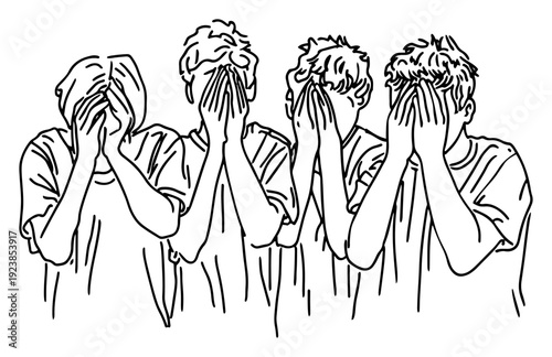 Group of young men covering their faces with hands expressing shame or sadness
