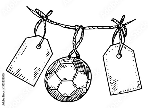 Soccer ball with blank price tags hanging on a rope hand drawn