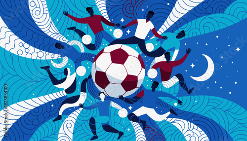 A vibrant illustration of soccer players in action around a soccer ball with a stylized blue background