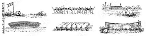 Set of hand drawn soccer icons featuring stadium seats balls and fans in doodle style