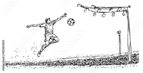 Hand drawn doodle of a soccer player jumping for a bicycle kick near a goal