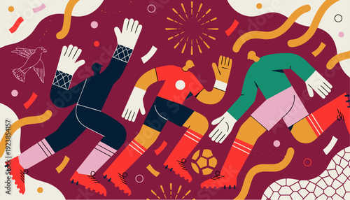 A vibrant illustration of three soccer players celebrating with confetti and fireworks in the background