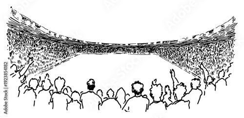 High angle view from behind a cheering crowd inside a massive sports stadium