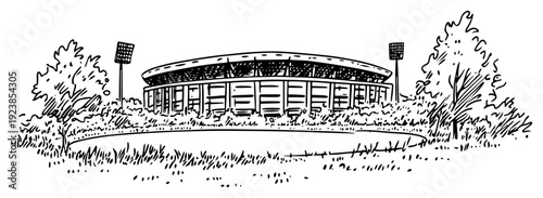 Modern sports stadium exterior surrounded by trees in hand drawn doodle style