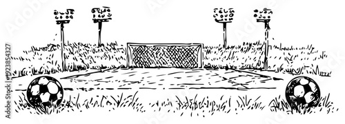 Hand drawn sketch of a soccer field with goal posts floodlights and balls