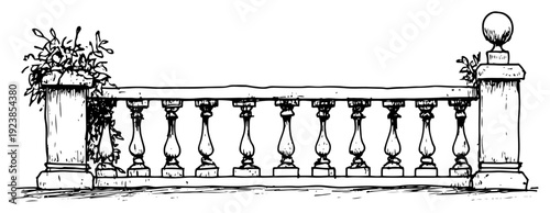 Classic architectural stone balustrade with decorative pillars and plants hand drawn sketch