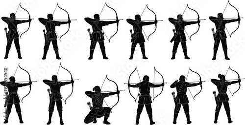 Archer warrior silhouettes set, medieval bowman aiming arrows in different poses vector