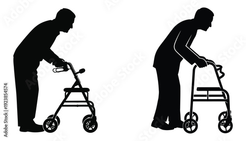 Elderly man silhouette with walker for mobility assistance
