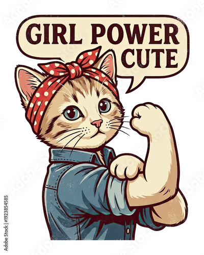 authentic human lifestyle concept Girl Power Cute Cat as Rosie the Riveter Flexing Muscle. Vintage Feminist Poster Parody Illustration. modern commercial stock usage
