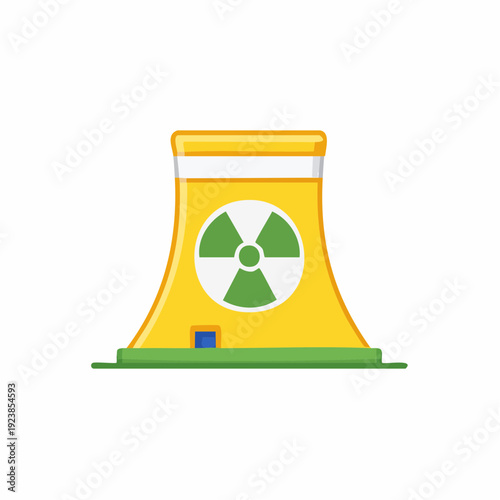 Nuclear power plant cartoon illustration, radiation symbol on cooling tower