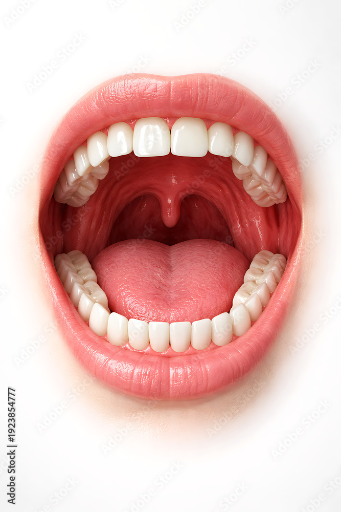 Obraz premium Closeup detailed view of a human mouth open wide with healthy white teeth and tongue