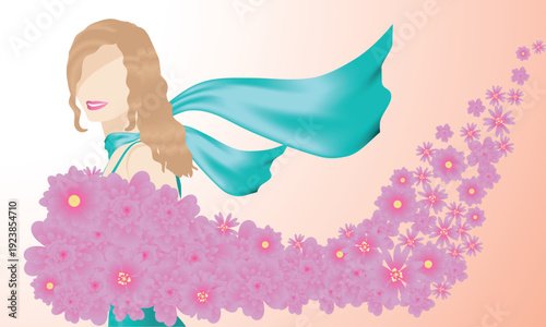 girl, scarf in the wind and pink flowers