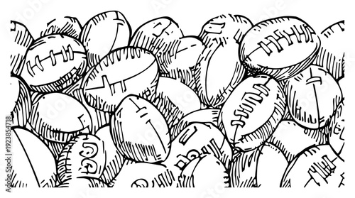 Large pile of american footballs or rugby balls in a messy hand drawn doodle