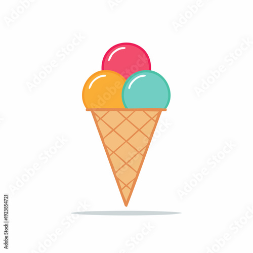 Colorful ice cream cone with three scoops of different flavors, dessert concept illustration