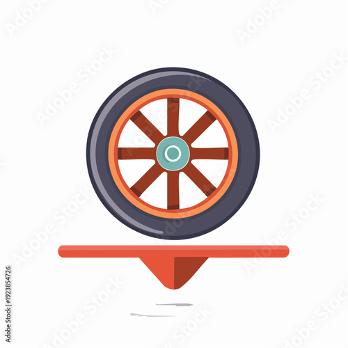 Cartoon wheel illustration with a balance beam element, concept of balance.