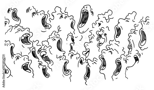 Surreal doodle illustration of screaming faces merging into smoky cloud shapes