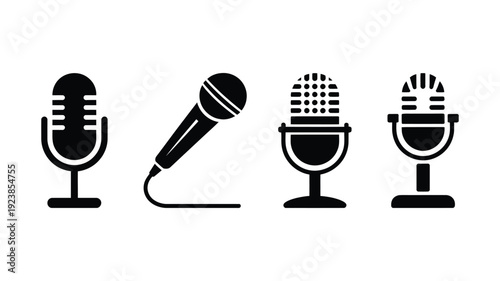Microphone icons set for podcast radio recording and audio broadcast