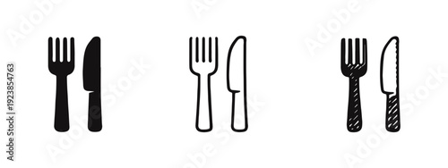 Fork and knife icon set for dining and restaurant use in solid, outline, and hand-drawn styles.