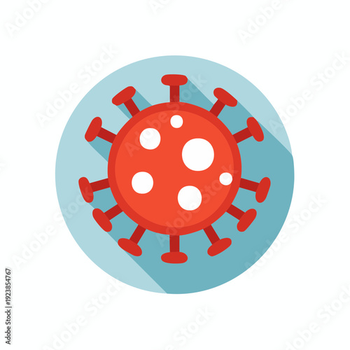 Red cartoon virus icon in blue circle with long shadow, health, medical concept