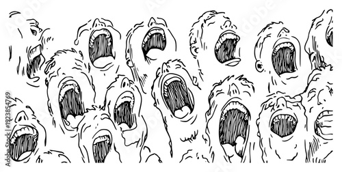 Crowd of people screaming with wide open mouths in a hand drawn doodle style