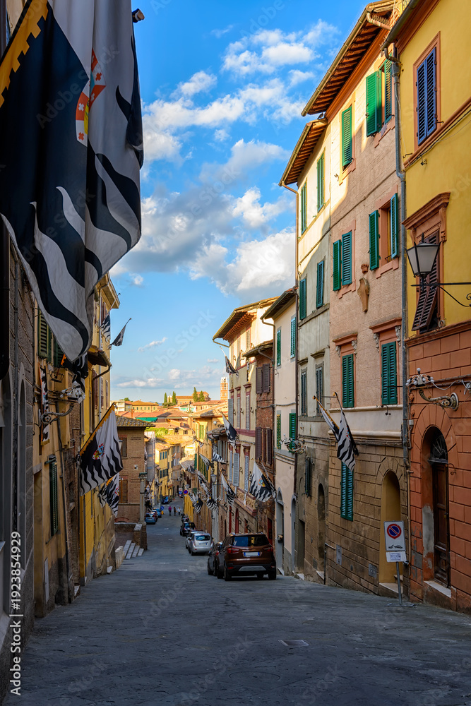 Fototapeta premium Medieval narrow street in Siena, Tuscany, Italy. Architecture and landmark of Siena. Cozy cityscape of Siena