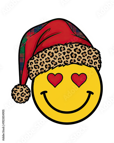 authentic human lifestyle concept Trendy Christmas Smiley Face with Heart Eyes Wearing a Leopard and Plaid Santa Hat modern commercial stock usage