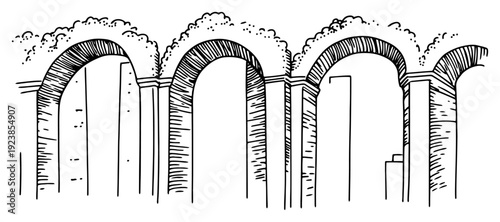 Detailed architectural sketch of historical stone arches or an ancient Roman aqueduct