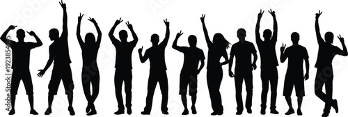 Cheering crowd silhouettes, happy people celebrating success together isolated on white background vector illustration