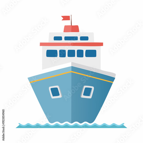 Cartoon cruise ship illustration with blue hull and red flag