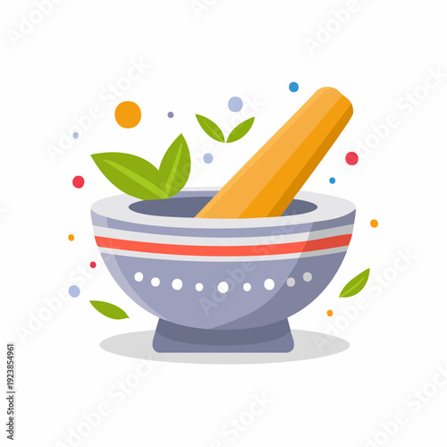 Illustration of a mortar and pestle with green leaves, essential for herbal remedies