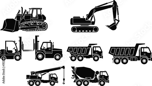 Construction machinery silhouettes set, heavy equipment vehicles excavator bulldozer dump truck isolated vector illustration