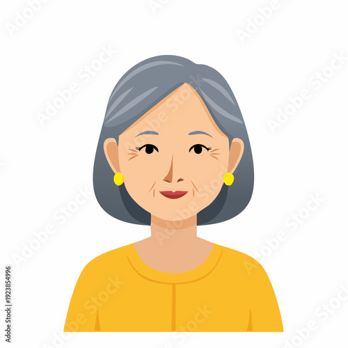 Cartoon portrait of an elderly Asian woman with grey hair and yellow shirt.