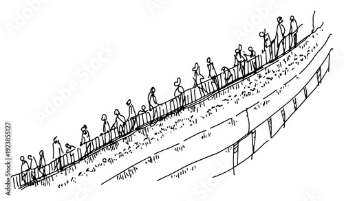 People standing on a long inclined escalator or bridge walkway hand drawn
