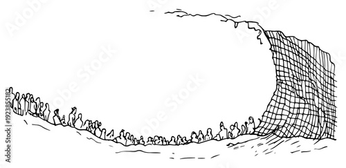 Massive crowd of people standing under a giant wave in line art