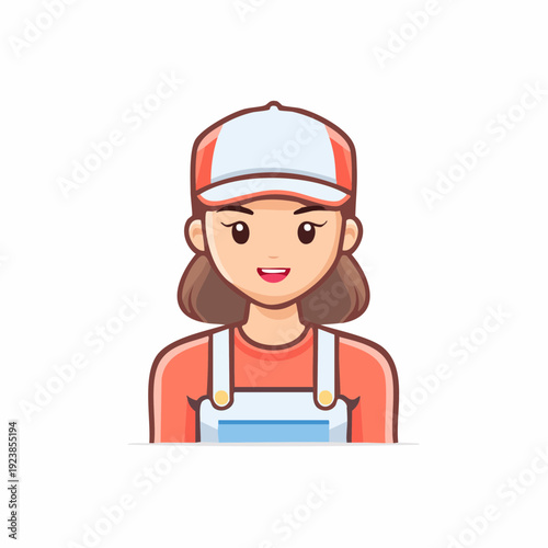 Smiling female worker wearing a cap and overalls cartoon illustration