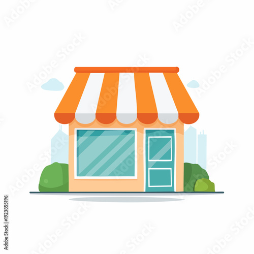 Cartoon illustration of a small shop with awning and shrubbery