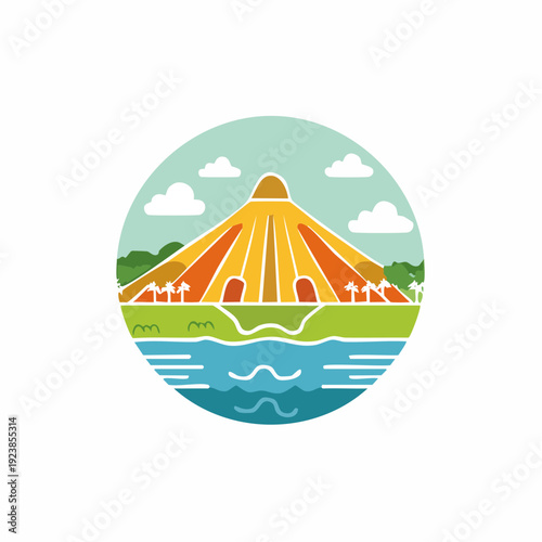 Illustration of a yellow structure by a body of water with trees, clouds and a blue sky in a circle