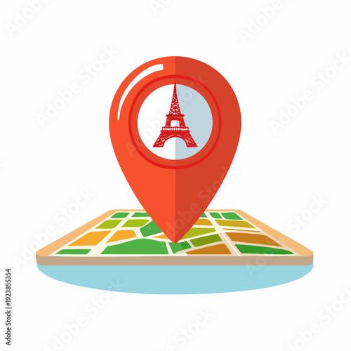 Red pin with Eiffel Tower icon placed on illustrated city map, location concept