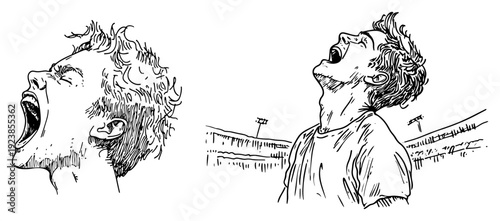 Expressive portraits of a man shouting and screaming in a stadium environment