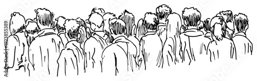 Large group of people seen from behind in hand drawn doodle style