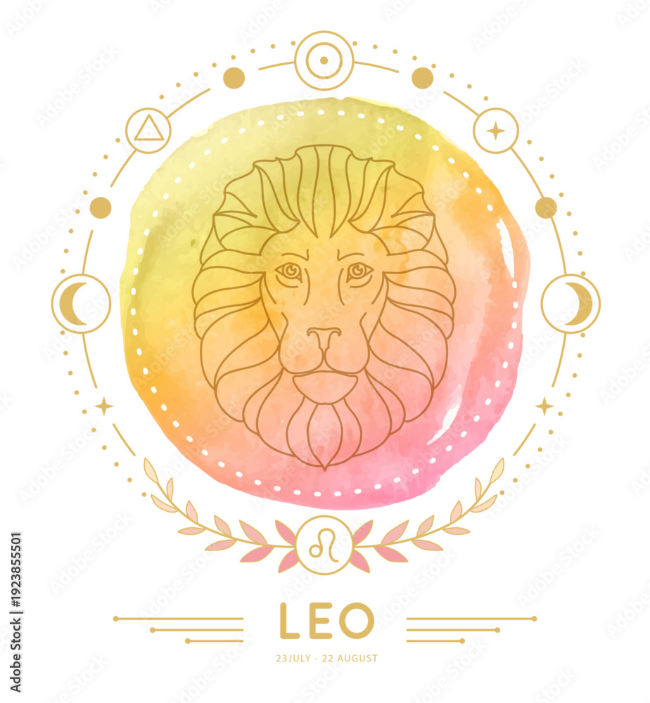 Fototapeta premium Modern magic witchcraft card with astrology Leo zodiac sign characteristic on watercolor background. Vector illustration