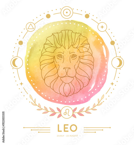 Modern magic witchcraft card with astrology Leo zodiac sign characteristic on watercolor background. Vector illustration
