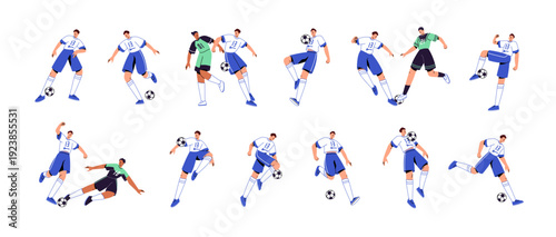Football players set. Athletes in uniform play soccer. Sportsmen hit ball, run, score goals in sports match. People are training passings for game. Flat isolated vector illustrations on white.