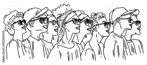 Profile view of young people wearing sunglasses and looking forward in a group